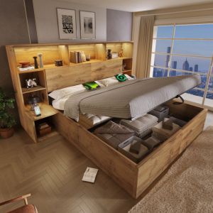Lit coffre 160x200 cm avec LED et ports USB et Type-C, chevets int&eacute;gr&eacute;s, en bois, ch&ecirc;ne, sans matelas