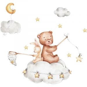 Ccykxa - Mural Ours Lapin Stickers Muraux Avec &eacute;toiles Lune Nuages Lapin Ours Autocollant Mural Stickers Chambre Enfants Stickers Muraux Enfants