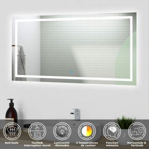 Acezanble - Miroir Salle de Bain led 120x70cm avec Anti-buée + 3 Couleurs + Dimmable, Mural Miroir Lumineux