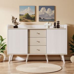 Buffet avec 3 Tiroirs et Portes Coulissantes, Design Moderne en Bois avec Étagères de Rangement, Idéal pour Chambre et Salon - Blanc