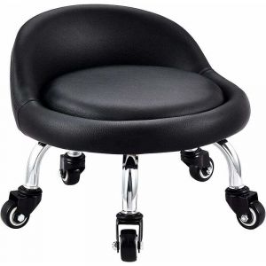 Tabouret Bas avec Roues, Mini Tabouret &agrave; roulettes Pied Bas, Dossier Simili Cuir Si&egrave;ge Faible M&eacute;tal Pi&eacute;tement, 360&deg; Banc Rond en Cuir avec 5 Roues