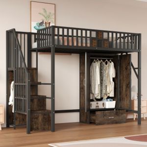 Lit mezzanine m&eacute;tal 90x200 noir - Armoire & tiroirs - Balustrade bois & m&eacute;tal design - &Eacute;chelle rangement (sans Matelas)