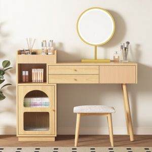 Coiffeuse, avec miroir led et éclairage 3 couleurs, 3 tiroirs, armoires latérales, design extensible, 120x40x90 cm - Naturel (tabouret non inclus)