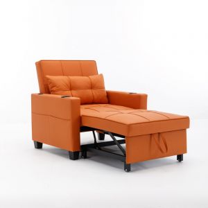 Fauteuil convertible 3-en-1 avec port USB,Lit banquette 1 Place - porte-gobelets et poche lat&eacute;rale, structure bois m&eacute;tal - orange
