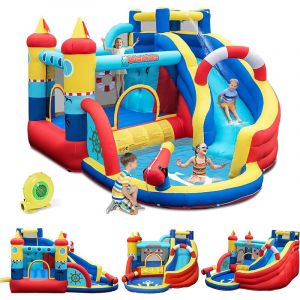 Goplus - Château Gonflable Pirate,avec Toboggan,Pistolet à Eau et Trampoline,Aire de Jeux Gonflable avec Piscine et Mur d'escalade,pour 3-4 Enfants