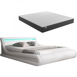 Lit Coffre avec Matelas Texas Lit Adulte Couleur Blanc avec led Matériaux bois et simili cuir Coffre de rangement Modèle Parisina 140x190cm