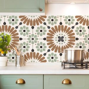 Cr&eacute;dence cuisine en aluminium - effet carreaux de ciment marron et vert - 360x50 cm (en 3 bandeaux)