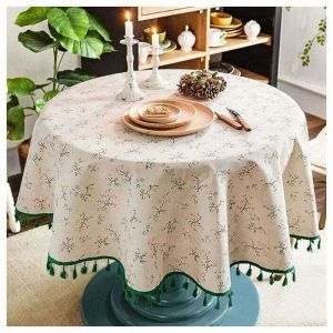 Nappe Ronde Lin Coton imprim&eacute; Fleuri, Nappe Table Ronde &agrave; Franges Lavable, Petite Nappe Ronde Anti Tache D&eacute;corer Utilis&eacute; de Table &agrave; Manger, Salon,
