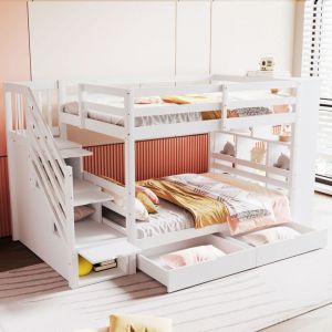 Lit superpos&eacute; en bois 90x200 cm, lit enfant 2 places avec 2 tiroirs et &eacute;chelle de rangement, sommier &agrave; lattes, sans matelas, blanc