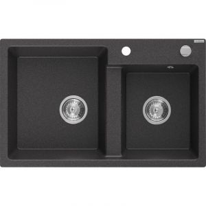 Tomas &eacute;vier en granit &agrave; 2 cuves 800 x 500 mm, Noir mouchet&eacute;, siphon Chrome - 6516802000-76 - Mexen