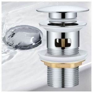 Bonde Lavabo pour Vasque avec Trop Plein, Vidage Clapet Poussoir Pour Lavabo en Laiton, Chrom&eacute;.-