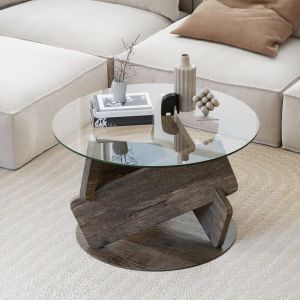 GOPLUS Table Basse Ronde en Verre Tremp&eacute;, &phi;81 CM Table Basse Salon avec Plateau Spacieux et Pieds en Bois d&rsquo;H&eacute;v&eacute;a pour Bureau, Chambre, Capacit&eacute; 100