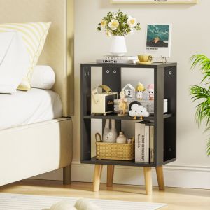 Table de Chevet led avec T&eacute;l&eacute;commande &ndash; 2 &Eacute;tages Rangement Ouvert, Plateau mdf & Pieds en H&ecirc;tre &ndash; Design Moderne Noir 40x30x64cm (Id&eacute;al Salon/Chambre)