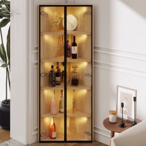 Vitrine LED en ch&ecirc;ne-Vitre tremp&eacute; &eacute;tanche-Biblioth&egrave;que ou cave &agrave; vin-Vitrine d'angle avec porte-62x35x160cm