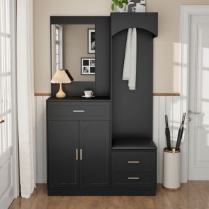 Vestiaire d'entrée 110 cm，Ensemble de meubles d'entrée avec miroir, dressing d'entrée, étagère de rangement et meuble à chaussures, Noir