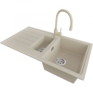 PRIMAGRAN Evier Cuisine en Granit 90x50cm,Lavabo 1,5 bacs + Robinet 38x14cm + Kit de Vidage, Évier à Encastrer au meuble 60cm - Copenhague Duo, Beige