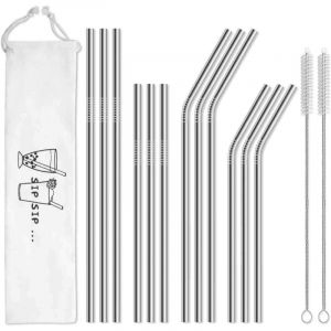 KZQ - Paquet de 12 pailles en métal en acier inoxydable réutilisables avec étui - Longues pailles à boire pour gobelets de 30 oz et 20 oz Lavable au
