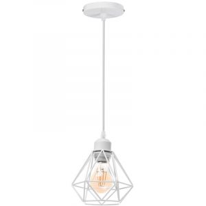 STOEX Lustre Suspension Industriel en M&eacute;tal Blanc , Luminaire Style Vintage Design forme Cage Diamant R&eacute;tro pour Salon Chambre Salle &agrave; manger (sans
