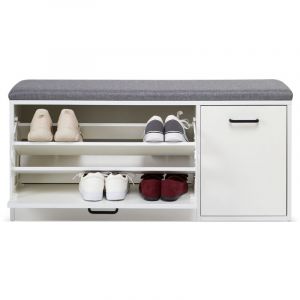 Meerveil &ndash; Banc &agrave; chaussures en bois blanc &ndash; Rangement avec coussin rembourr&eacute; &ndash; 3 compartiments &ndash; Dimensions L100 x W30 x H46.5 cm &ndash; Capacit&eacute; 120kg