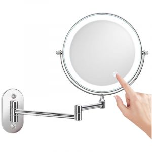 Miroir de maquillage mural argent&eacute; de 20 cm (8 pouces) avec &eacute;clairage LED pliable et t&eacute;lescopique, double face, pour salle de bain.