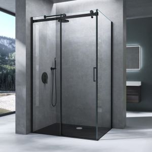 Mai&mai - Cabine de Douche en Angle 90x150x195cm Montage R&eacute;versible avec Porte de Douche Coulissante Verre Tremp&eacute; esg Transparent Noir avec