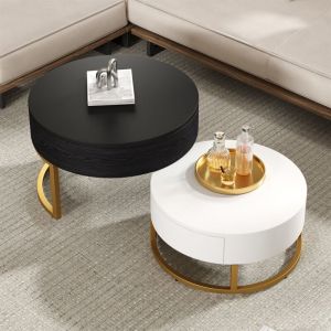 Lot de 2 table basse gigogne relevable avec 2 tiroirs, couleur blanc+ noir, 70x70x57 cm