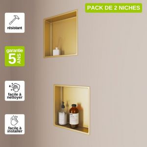 Lot de 2 Niches de Douche, Rangement mural de Salle de Bain et Douche 30x30cm Or Satiné, nook by sanizéo