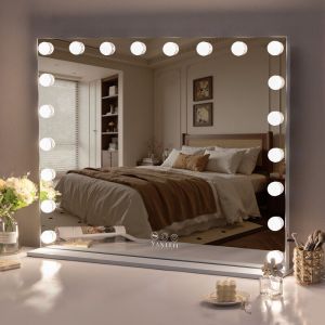 FENCHILIN Miroir Maquillage Lumineux Led 20 Ampoules 3 Couleurs Luminosit&eacute; Ajustables Ecran Tactile & Loupe de Grossissant 10X blanc 100cm x 80cm