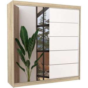Les Tendances - Armoire chambre adulte 2 portes coulissantes naturel et blanc avec miroir Olivia 200cm