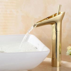 Mitigeur de lavabo cascade, mitigeur monocommande cascade, mitigeur de lavabo cascade haut, mitigeur de lavabo dor&eacute;