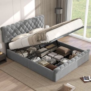 Okwish - Lit coffre 140x190 cm, lit double moelleux, lit adulte avec rangement, tête de lit réglable et sommier à lattes, en velours gris, sans