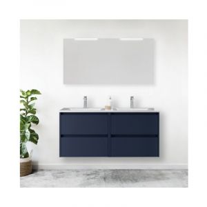 Meuble de salle de bain suspendu 120 cm en bois bleu satiné avec vasque intégrée - Nova - Avec miroir double colonne et double lampe led