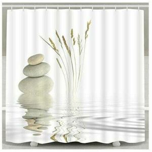 RHG Rideau de douche Zen Stone Wild Grass Reflet in Water Rideaux de douche 12 crochets, Meditation Design Tissu imperm&eacute;able Salle de bain Rideau de