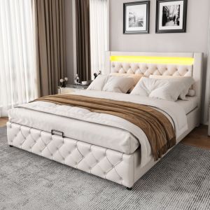 Lit coffre 160x200 cm, lit double moelleux, lit adulte avec rangement et éclairage led, en cuir artificiel, blanc, sans matelas