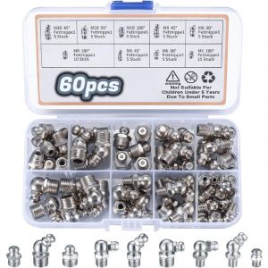SNQ - 60 Pièces Assortiment de Graisseurs, Filetés de Graissage, M6 M8 M10 Raccords de Graisse, Raccords Filetage Mâle Graisseurs droit/45°/90° pour