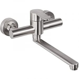 Robinet Mural Cuisine, Mitigeur Mural Inoxydable, Pivotant &agrave; 360&deg; pour &Eacute;vier de Cuisine, Eau Chaude et Froide, Trous de Montage R&eacute;glables, Bras