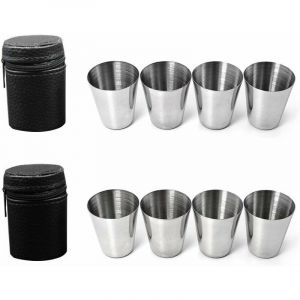 Shooter Verre, 8pcs Verre à Shot en Acier Inoxydable, 2 Pcs Étui en Cuir avec Fermeture Éclair, Verres à Shot pour Voyage Camping Boisson à Boire