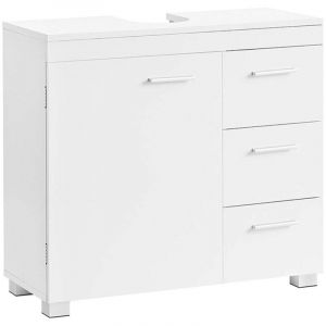 Meuble sous lavabo armoire sous vasque meuble de salle de bain 3 grands tiroirs 2 compartiments derri&egrave;re porte buffet sur pieds 30 x 70 x 64 cm blanc