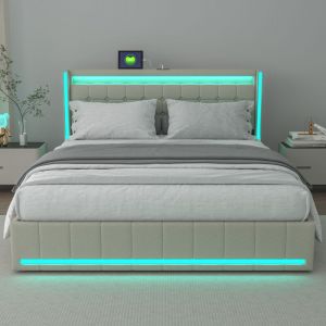 Lit Capitonn&eacute; 160x200,Lit Adulte 160x200, Lit Coffre Lumi&egrave;re LED R&eacute;glable et Chargement USB, Lit Adulte avec Rangement, Lit Double avec 4 Tiroir,