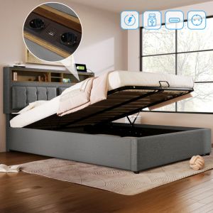Lit coffre 140x200cm, lit adulte Rembourré Avec Prise usb et Tête de Lit, lit double, lin, Sans Matelas, gris
