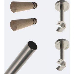 Boulet - Kit de tringle &agrave; rideaux Nickel Mat 150cm Diam.20mm Embout C&ocirc;ne Bois - Fixation Mur