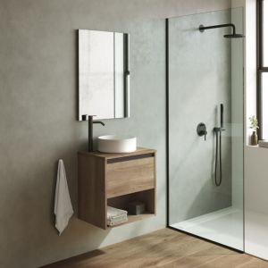 Amizuva - klein 50cm Meuble et vasque avec un tiroir et un niche, Chêne Vulcano.