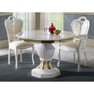 Les Tendances &ndash; Table &agrave; manger ronde extensible 110 &agrave; 160cm &ndash; Bois vernis laqu&eacute; brillant blanc et dor&eacute; &ndash; 6 &agrave; 10 places &ndash; Fabrication italienne