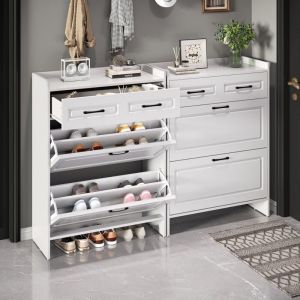 Meuble &agrave; Chaussures Mince 34x80x107.5,Rangement Chaussure avec Grand Tiroir,2 Tiroirs R&eacute;versibles Double Couche,pour Entr&eacute;e Salon (2, Blanc)