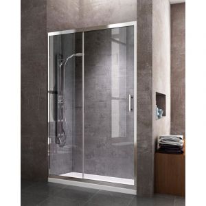 Paroi de douche frontale avec ouverture lat&eacute;rale, une Porte coulissante et un panneau fixe, r&eacute;versible profil chrom&eacute; 150CM Transparent