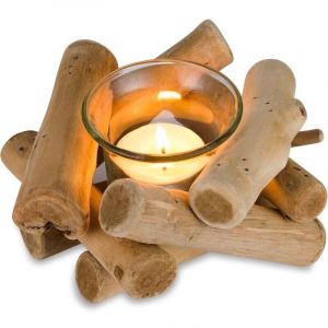 Bougeoirs en Bois pour Bougies Chauffe-Plat Lot de 2, Decorative Bougeoir Rustiques avec Verre Chandeliers Photophore pour Centre de Table de Mariage