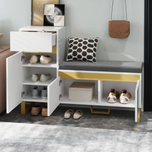 MODFU - Meuble &agrave; chaussures avec banc rembourr&eacute; et tiroir, meuble entr&eacute;e 120x35x85 cm, accents dor&eacute;s, MDF blanc laqu&eacute;