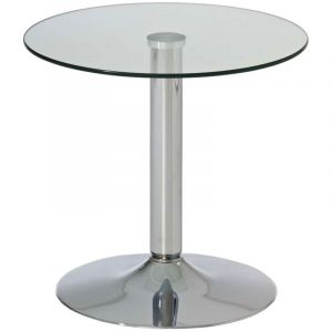 CLP &ndash; Table en verre Ikarus &ndash; Plateau rond 50 cm &ndash; Hauteur 48 cm &ndash; &Eacute;paisseur 1 cm &ndash; Pied en m&eacute;tal chrom&eacute; robuste