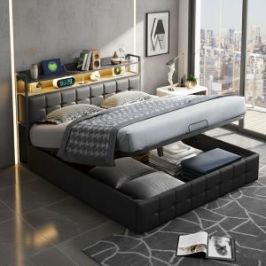 Lit coffre 140x190 cm avec LED, lit hydraulique avec &eacute;tag&egrave;res ouvertes et rangement, lit 2 personnes avec lattes en bois, lit capitonn&eacute; avec sommier,