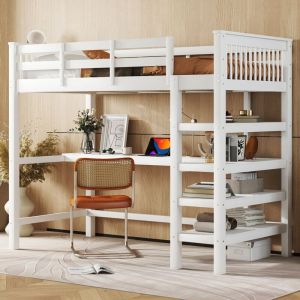 Redom - Lit mezzanine, 90 x 200, lit mezzanine enfant avec rangements et bureau sous lit, sans matelas, blanc